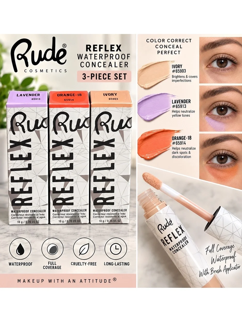 Rude Cosmetics Reflex Waterproof Concealer 3-Piece Set